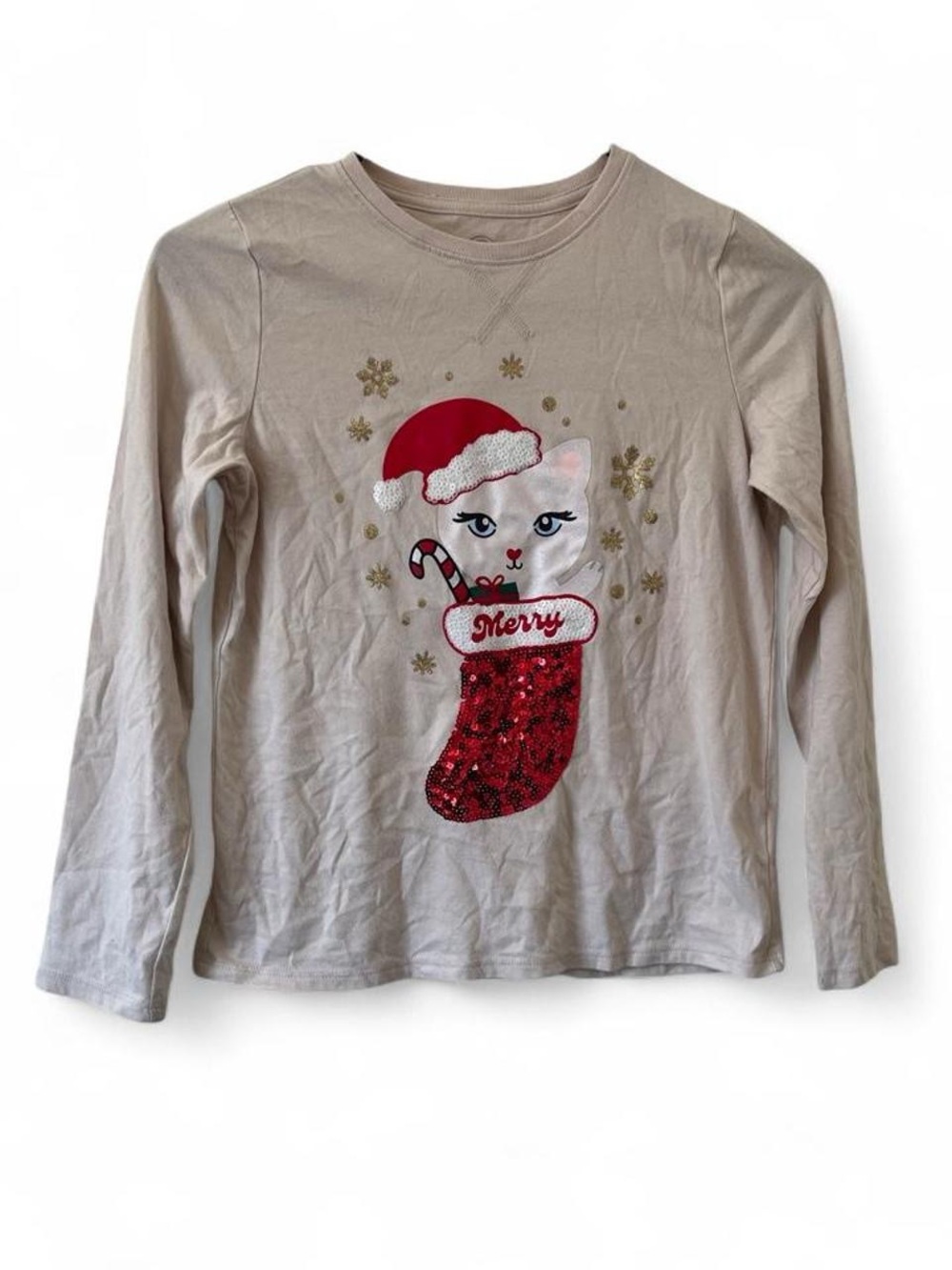 Girls Large Long Sleeve Festive Holiday Sequins Kitty Shirt